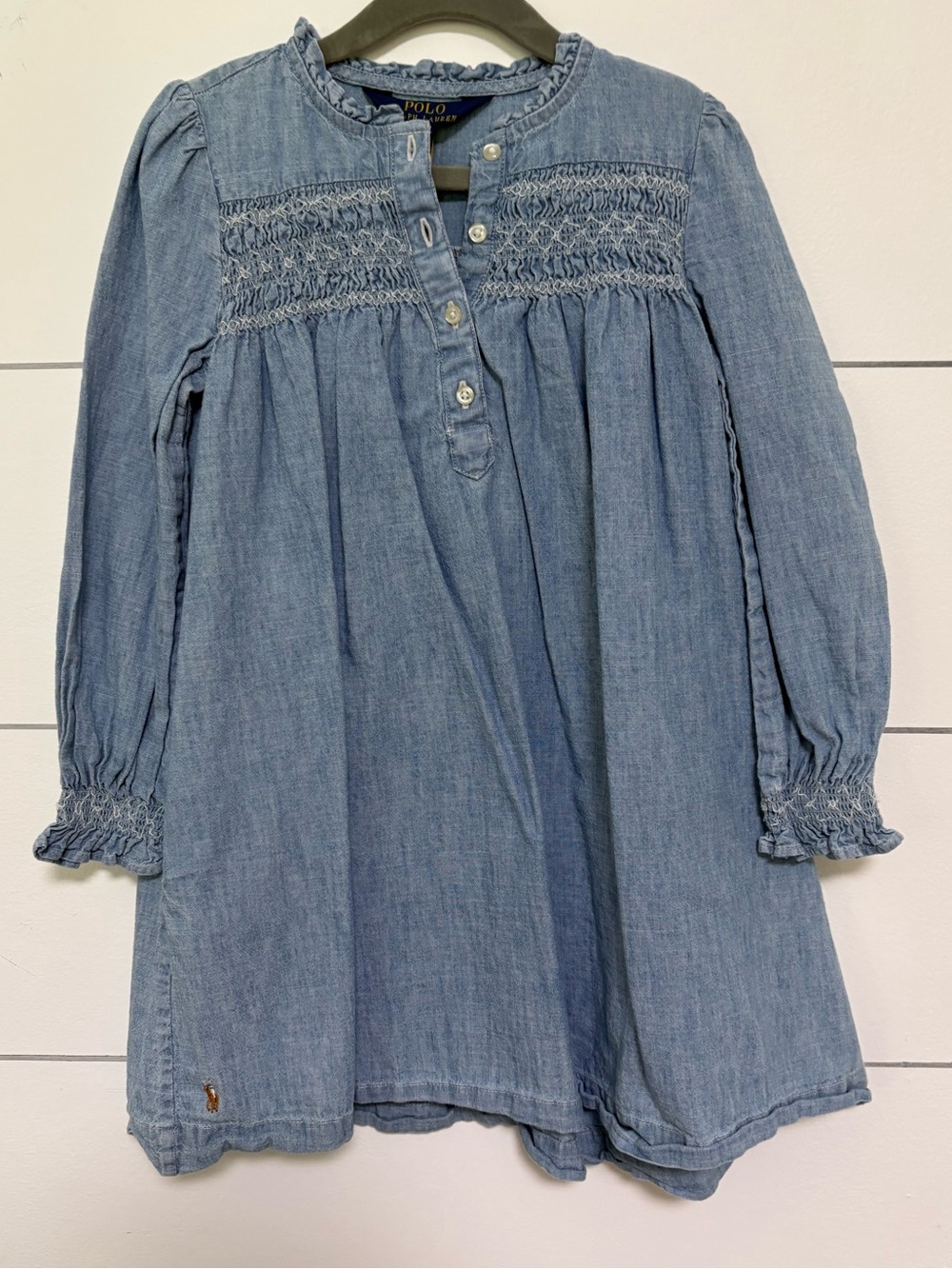 Polo Ralph Lauren Girls Chambray Smocked Dress Size 6 Blue Long Sleeve